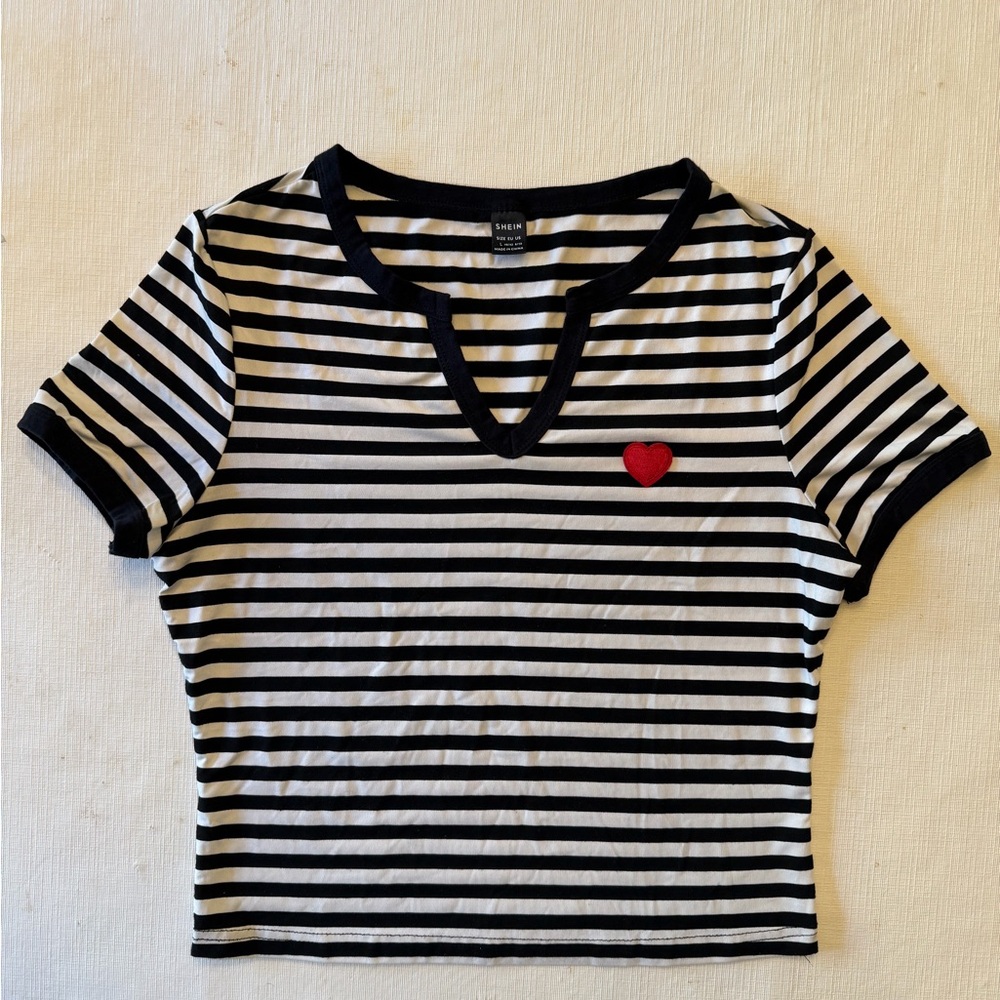 SHEIN Black and White Striped Crop Top with Red Heart